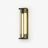 Tall slim wall lantern in black with a lit vertical strip between two bars