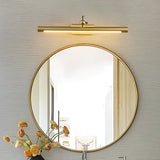 Gold bar lit above a round gold mirror beside dried orange flowers in a vase