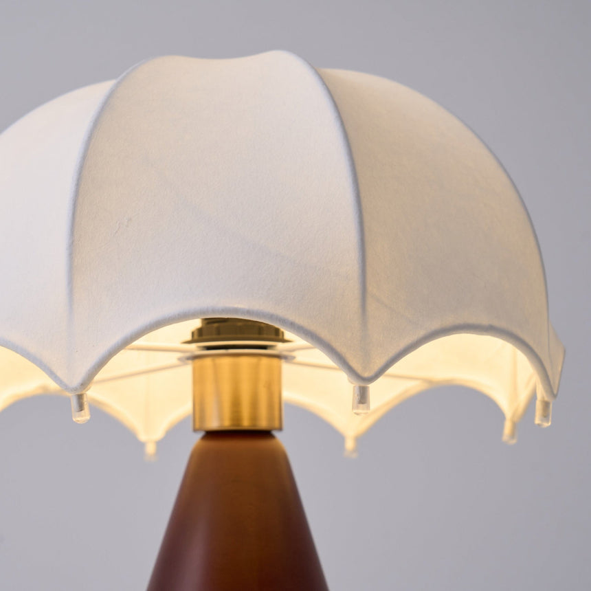 Close view of the brass collar under the silk umbrella shade, lit