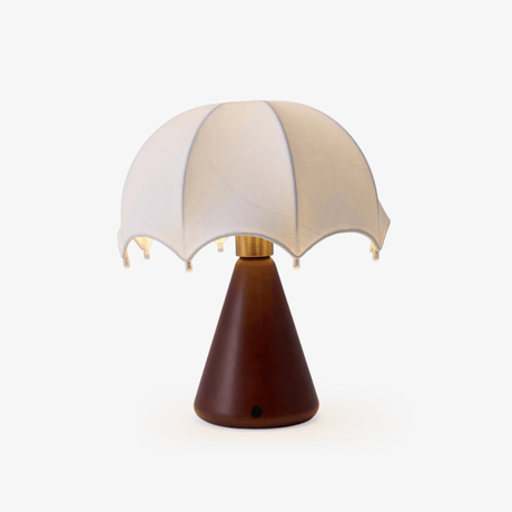 Nightstand lamp with a silk umbrella shade on a walnut cone, plain ground