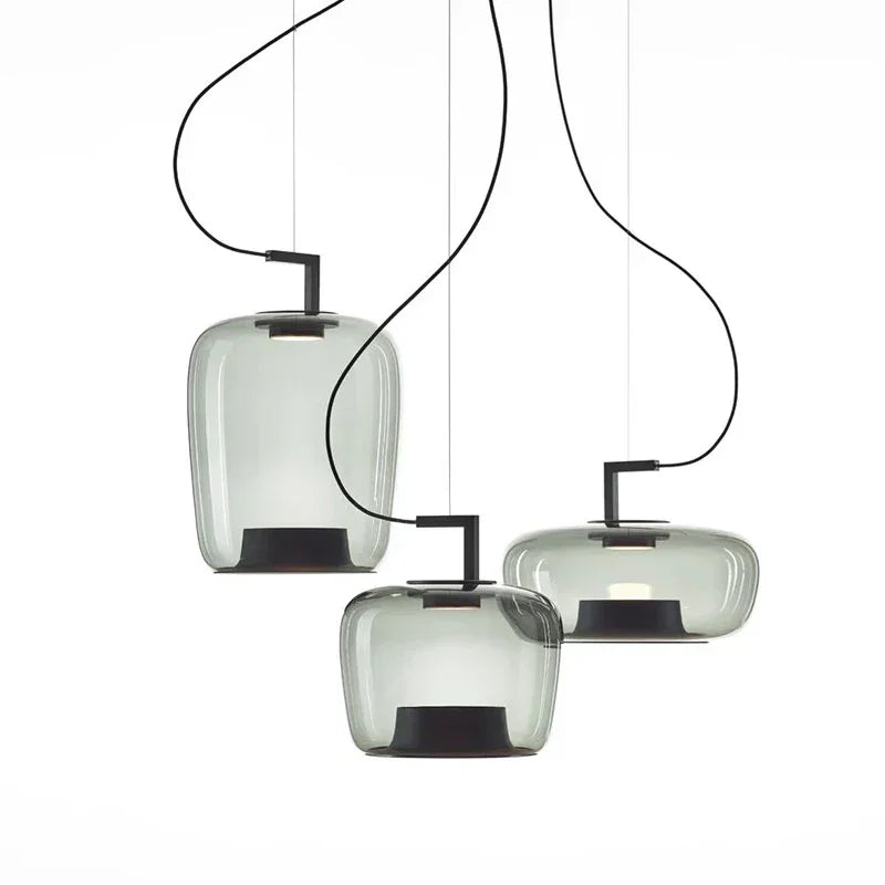 Nordic ceiling light in tinted glass, three shades hung at staggered heights