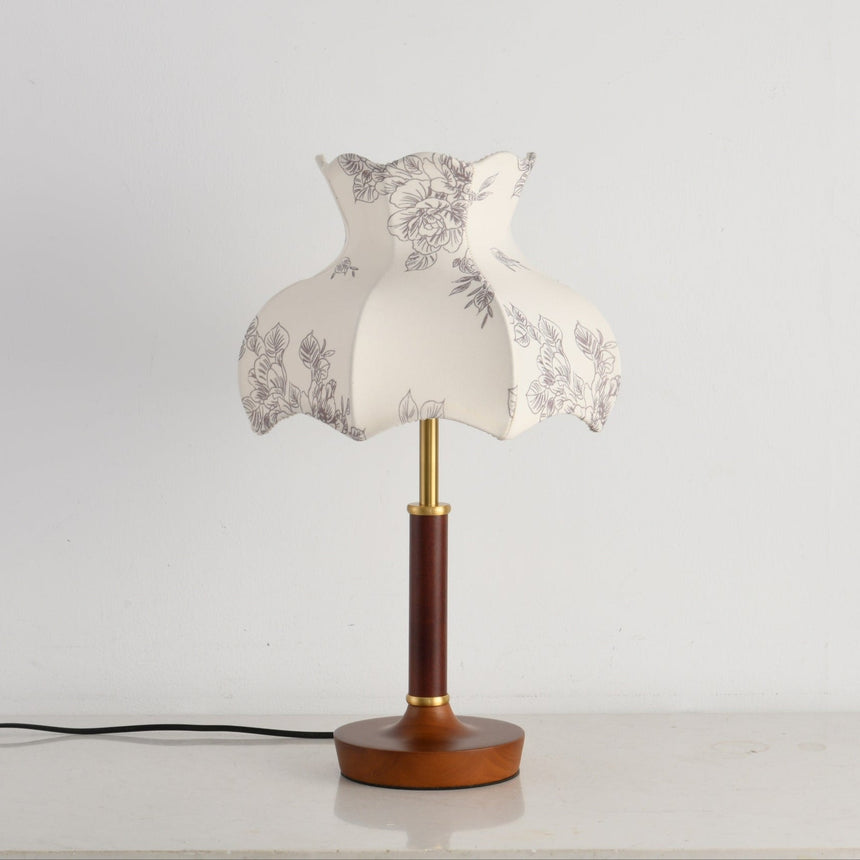 White blossom shade lamp unlit, the printed pattern clearly visible