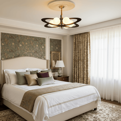 Globes lit above a made bed flanked by two matching nightstands