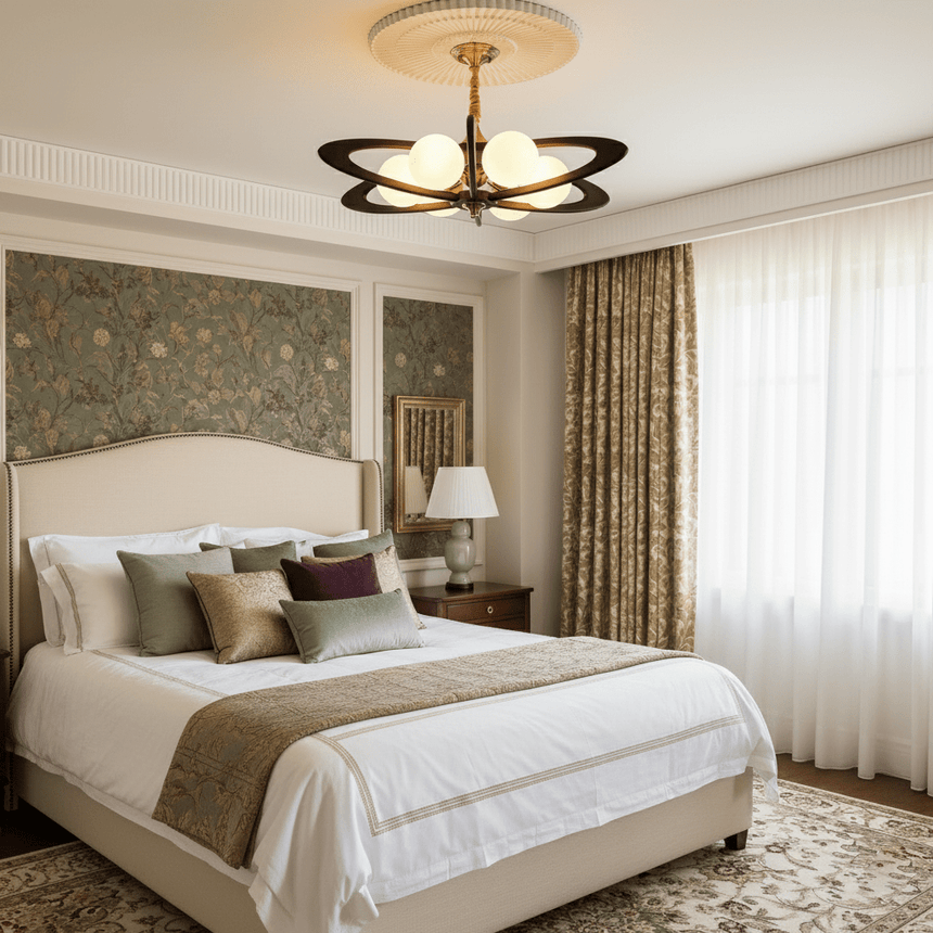 Globes lit above a made bed flanked by two matching nightstands