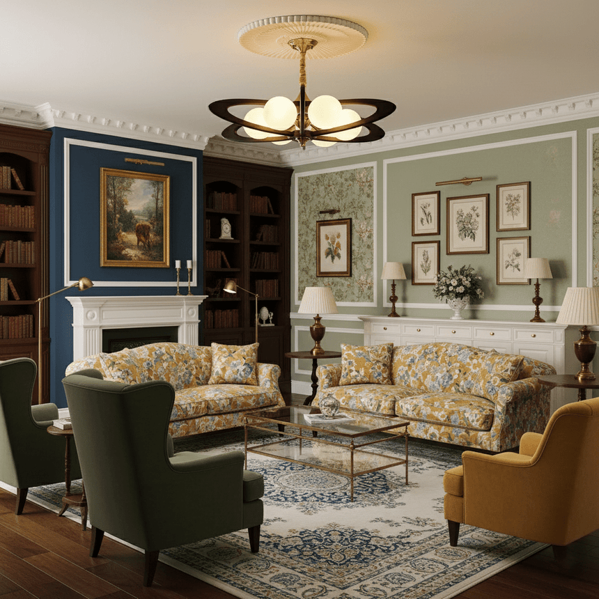 Chandelier lit in a room with a fireplace and two green armchairs