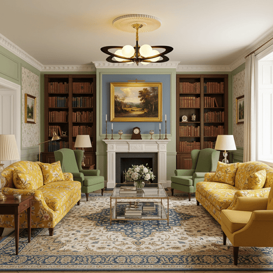 The fitting lit in a library with bookshelves and a green armchair