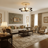 The fitting lit in a living room above a sofa and a patterned rug