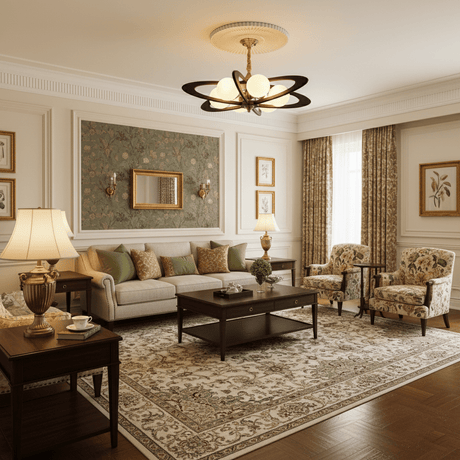 The fitting lit in a living room above a sofa and a patterned rug