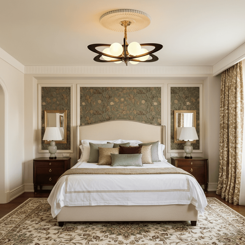 Chandelier lit in a pale bedroom above a bed and two table lamps