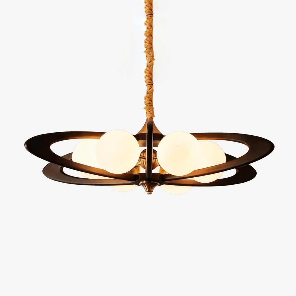 Opal glass chandelier with white globes inside crossed dark wood rings