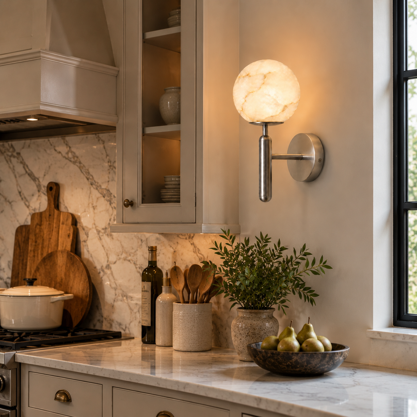 The lit globe on a kitchen wall above a counter with boards and herbs
