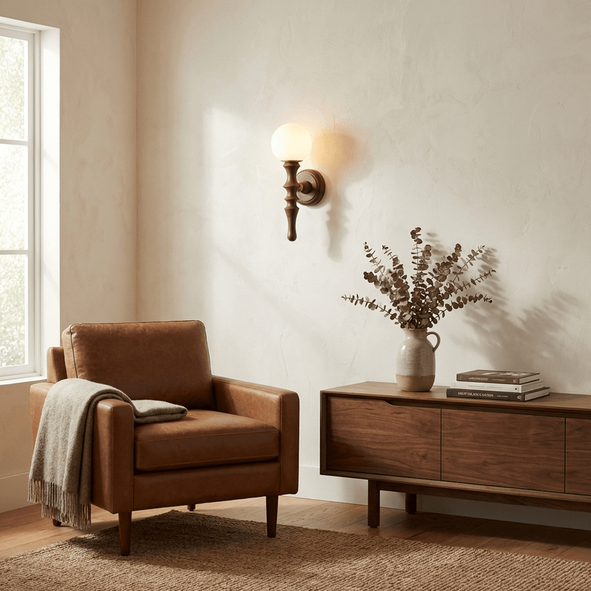 Sconce lit beside a leather armchair and a sideboard with dried branches