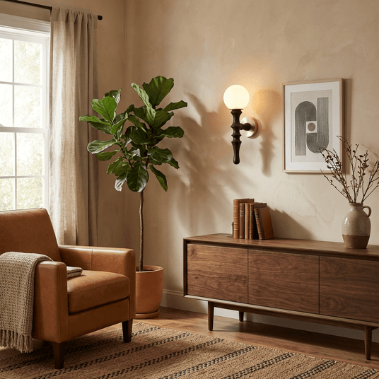 Sconce lit above a sideboard of books beside an armchair and a tall plant