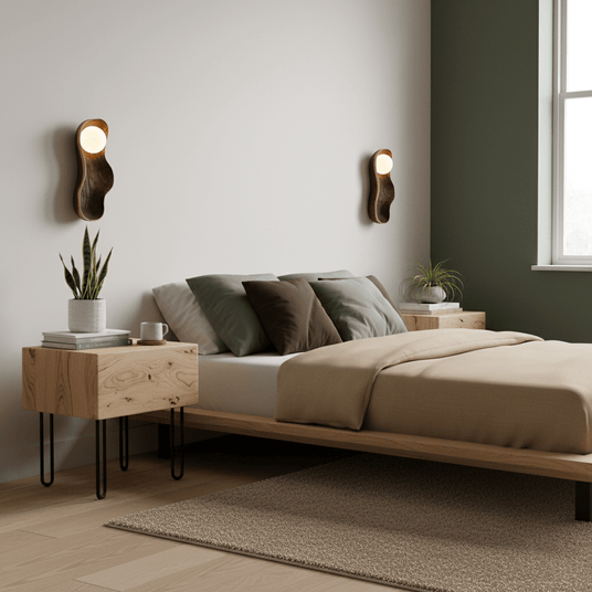 Two sconces lit above a bed with green cushions and a plant beside