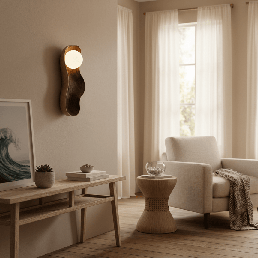 Sconce lit above a console beside an armchair and a round side table