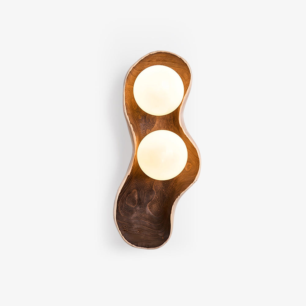 Orb wall sconce, two opal globes set in a carved two tone wood body