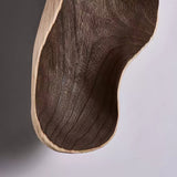 Close view of the dark walnut grain running along the carved body