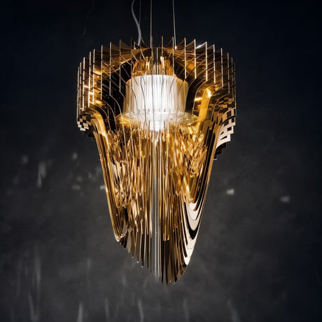 A flowing sculptural form built from dozens of amber acrylic layers around a core