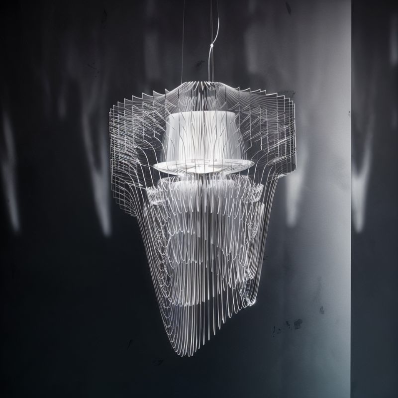 The same flowing form in clear acrylic, its layers radiating from a lit center