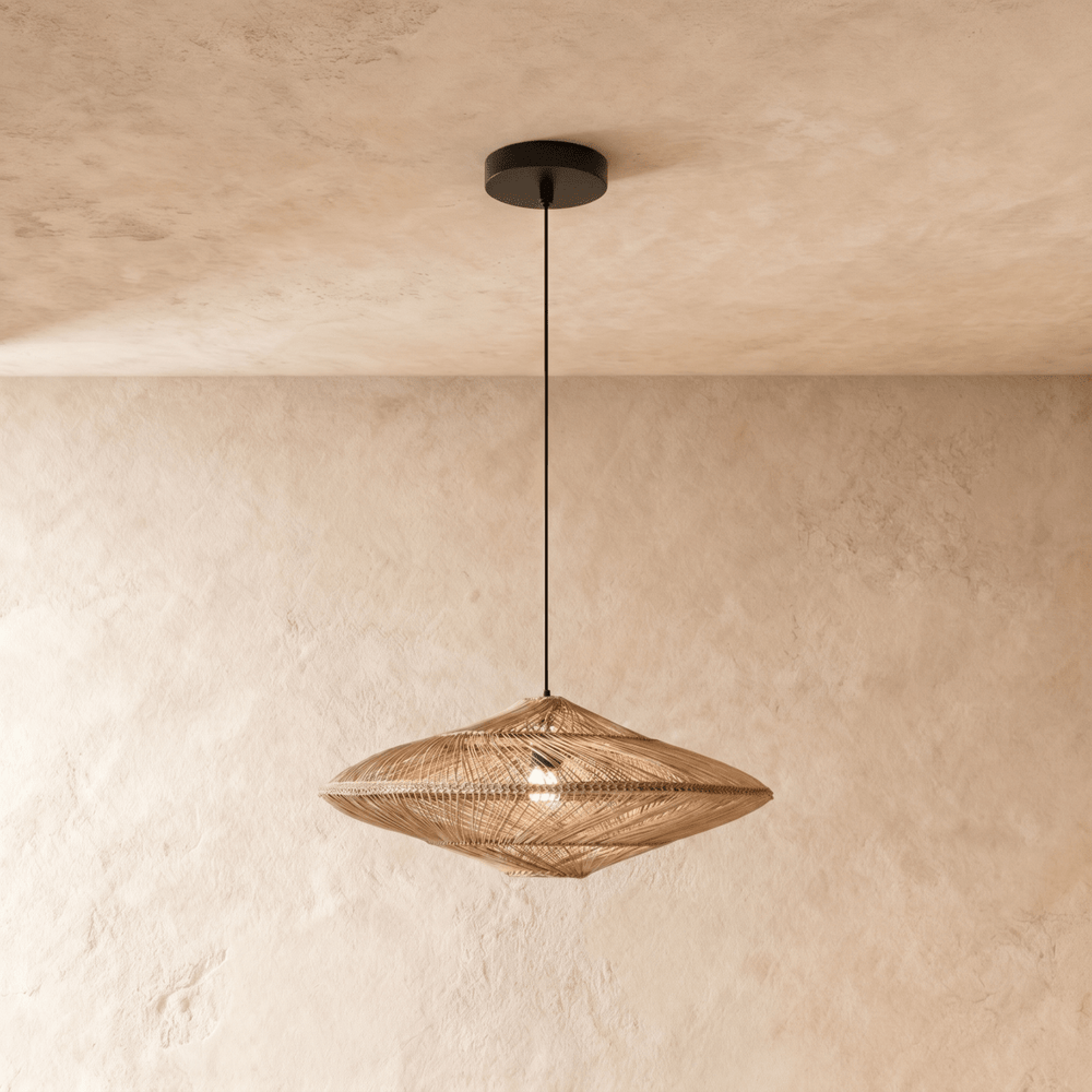 A flattened rattan shade woven into a wide diamond profile, lit from inside