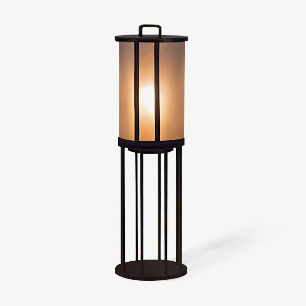 Frosted acrylic column lantern on a tall four leg floor stand in black