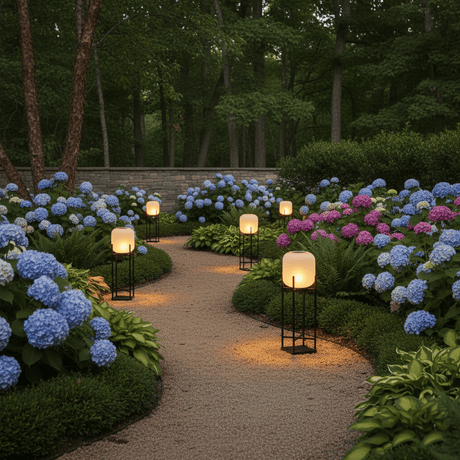 Lanterns lit along a gravel path through hydrangeas in a dark garden