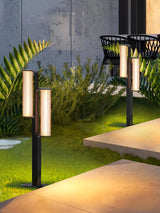 The two arm body lit beside ferns with a dark metal bench behind it