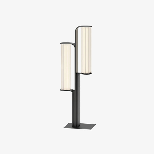 Post lamp with two curved arms carrying ribbed tube diffusers in black
