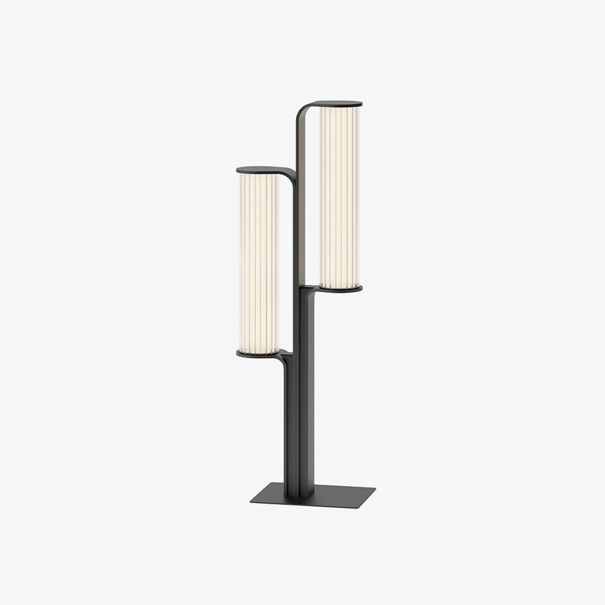 Post lamp with two curved arms carrying ribbed tube diffusers in black