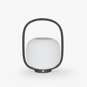 White globe diffuser held inside a black arch handle on a small base