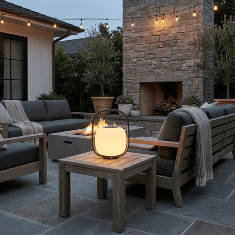 The lamp lit on a low table on a stone terrace beside a garden sofa