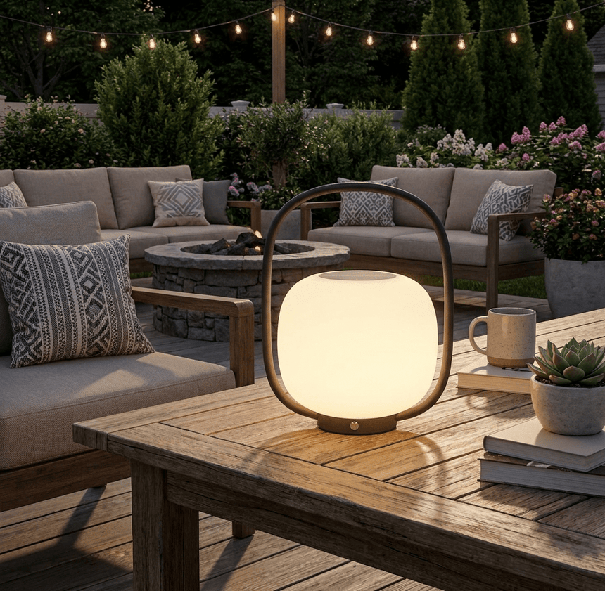The lamp lit on a timber terrace table under string lights with a sofa