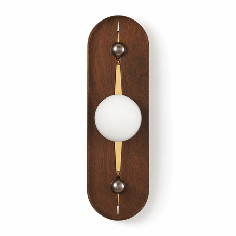 The walnut pill unlit, a pale sphere and a warm slot down the frame