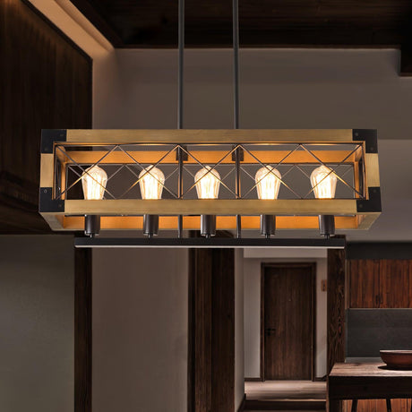 The long frame lit above a counter in a dark timber room