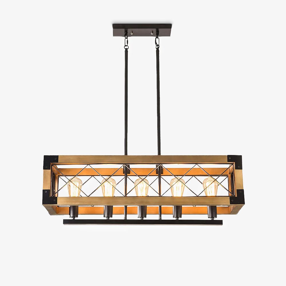 A long wood and black metal cage frame with five lamps behind crossed braces