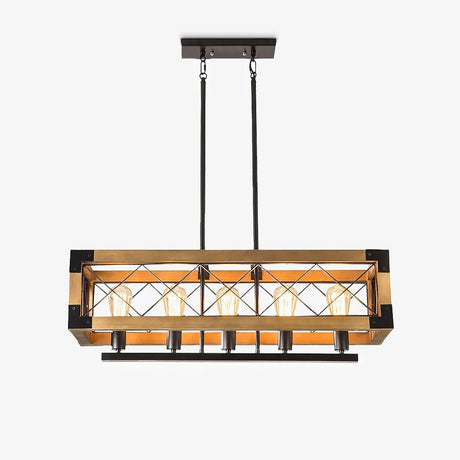 A long wood and black metal cage frame with five lamps behind crossed braces