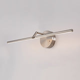 The brushed nickel rod and its round mount seen at an angle on a pale wall