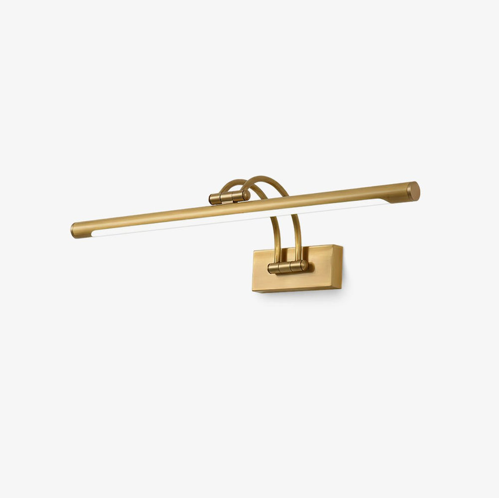 Over mirror vanity light in brass, a slim tube carried forward on two curved arms