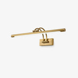 Over mirror vanity light in brass, a slim tube carried forward on two curved arms