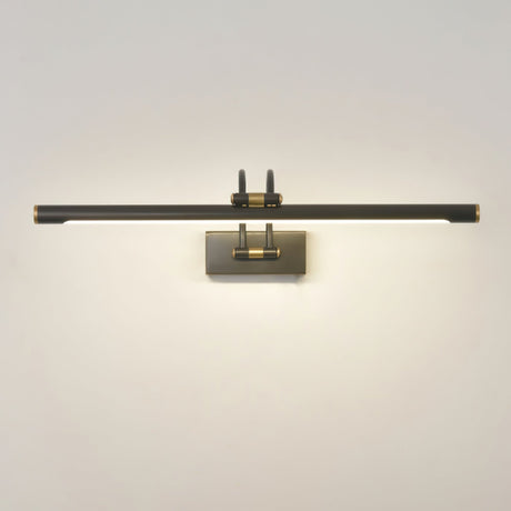Dark bronze bar lit on a pale wall, the glow spreading down and out from the tube