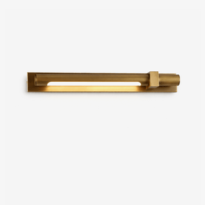 Slim bronze bar with a small square block at one end, seen level