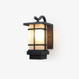 Black patio wall light, a square lantern with frosted glass, cross bars and a curved hook arm