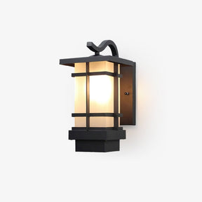 Black patio wall light, a square lantern with frosted glass, cross bars and a curved hook arm