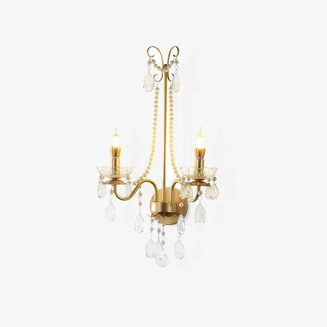 Gold wall sconce with two candle arms, scrolled top, pearl chains and crystal drops