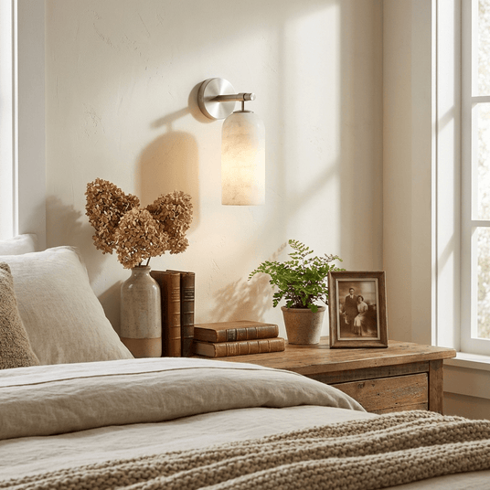 The sconce lit above a bed with a knit throw beside a wood nightstand