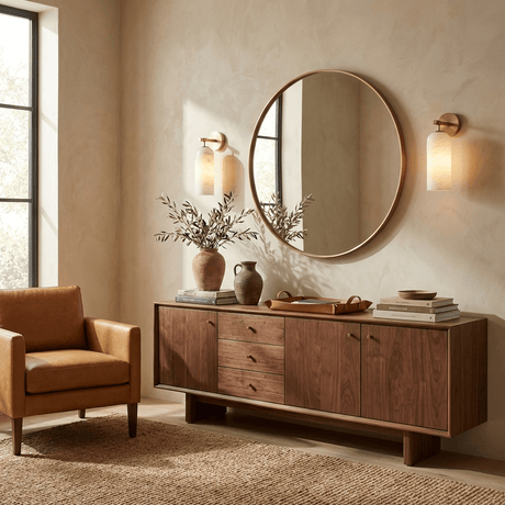 The sconce beside a round mirror above a walnut console with vases