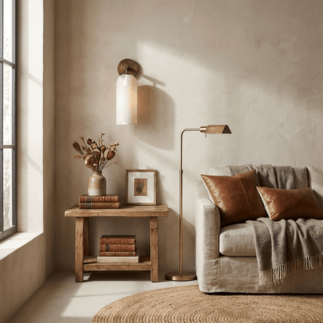 The sconce above a sofa beside a side table with books and a plant