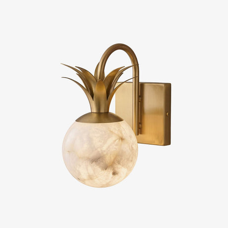Wall sconce with a stone globe under a crown of gold metal leaves