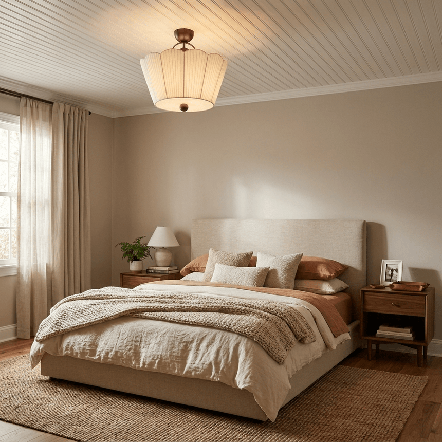 Pleated fabric ceiling light lit above a bed with a leather headboard and a jute rug