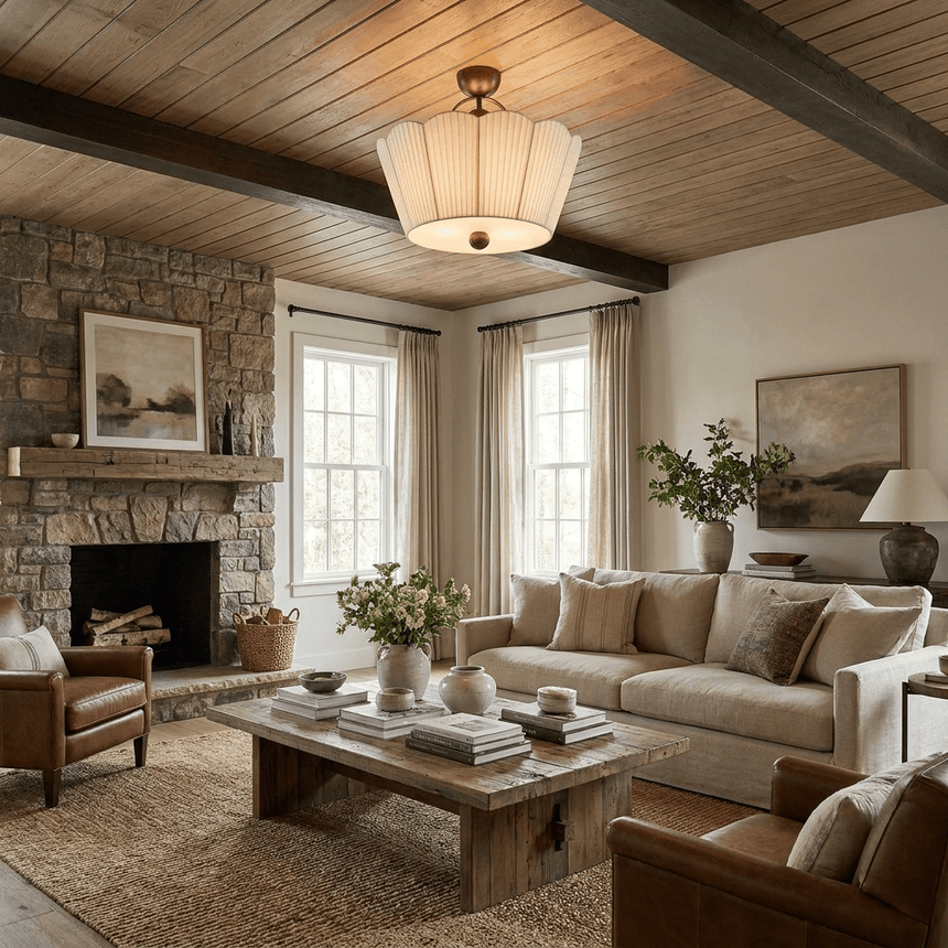 Pleated ceiling light below a wood plank ceiling in a room with a stone fireplace
